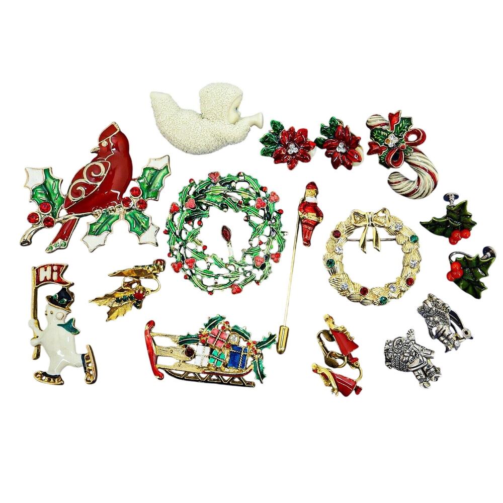 Lot Of Christmas Holidays Brooches Pins And Clip On Earrings Incl Weiss